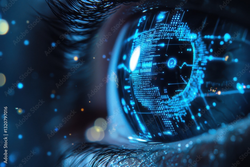 A futuristic close-up of an eye displaying a digital interface with glowing blue lights, representing artificial intelligence and advanced technology, with a dark background.