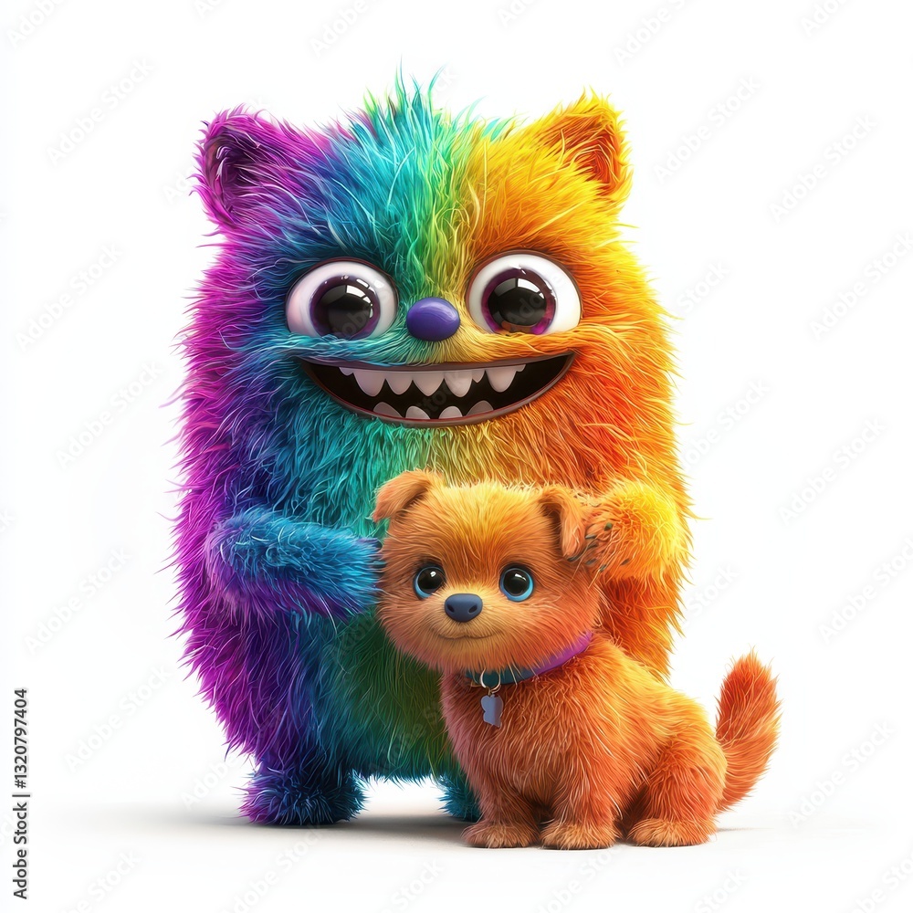 Fototapeta premium Rainbow Fluffy Monster Joyfully Playing with a Puppy, isolated on clear white background