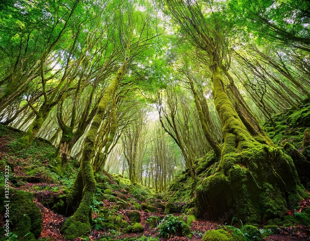 Magic beauty of green forest nature trees covered with moss. Generated image Magic beauty of green forest nature trees covered with moss. Generated image