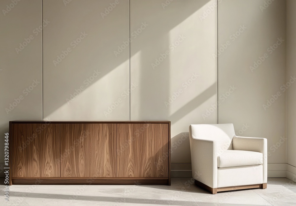 Minimalistic living room interior with a wooden coffee table and a white armchair. mock up Minimalistic living room interior with a wooden coffee table and a white armchair. mock up