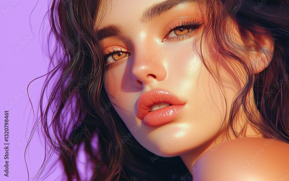 Fototapeta premium Realistic close-up of a beautiful young woman with smoky taupe eyes, glossy peach lips, and wavy dark chestnut hair, on a pastel violet background