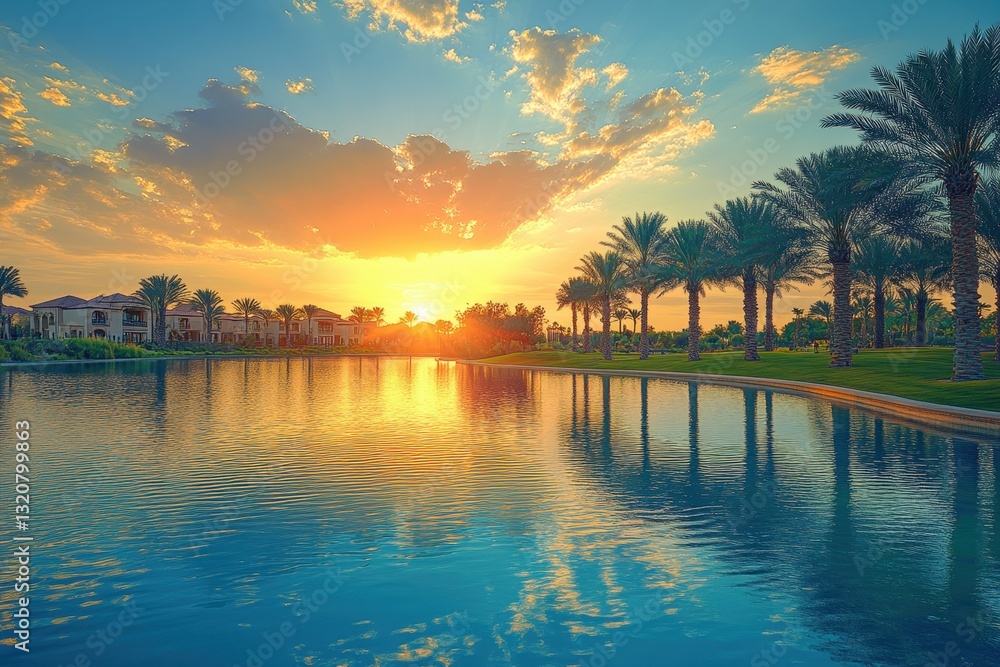 Obraz premium Vibrant Sunset Over Calm Lake Surrounded by Palm Trees