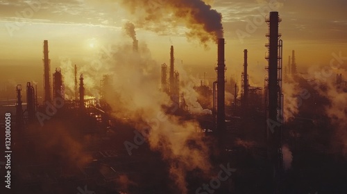 Industrial refinery smokestacks emitting pollution at sunset