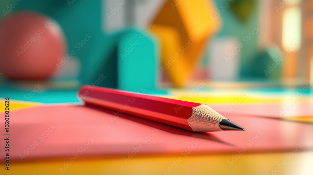 Red Pencil on Colorful Geometric Shapes Arrangement in Bright Workspace Setting Red Pencil on Colorful Geometric Shapes Arrangement in Bright Workspace Setting