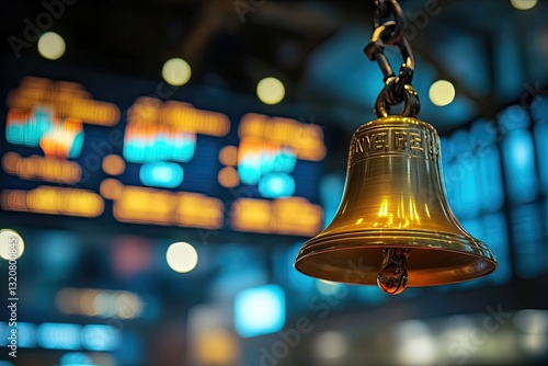 Golden bell in trading hall, market indicators in background photo