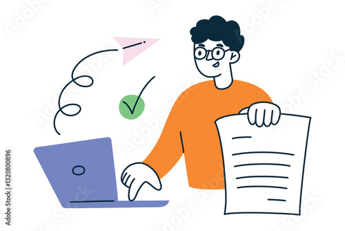 Vector illustration of man in glasses sending email on laptop, send letter icon and check mark, completion concept. Modern flat cartoon office worker character, businessman with computer