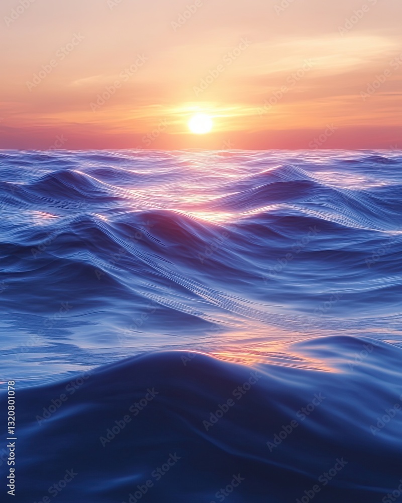 Obraz premium Serene ocean waves reflecting a vibrant sunset, creating a tranquil seascape.