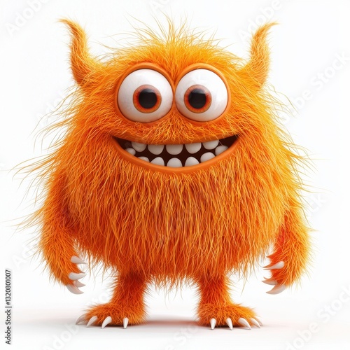 N Orange Furry Monster with Long Wavy Fur and Tiny Feet, isolated on clear white background