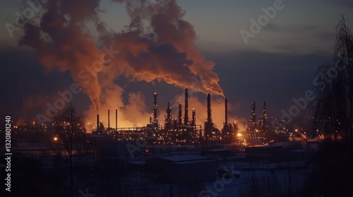 Oil Refinery at Night with Smoke Emissions and Industrial Pollution
