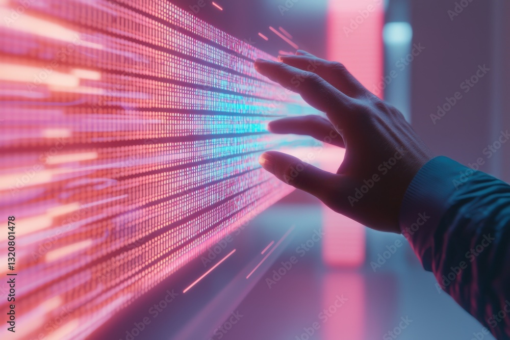 A hand interacting with a digital screen displaying horizontal rows of data and vibrant light trails, symbolizing artificial intelligence, data analysis, and future technology. A hand interacting with a digital screen displaying horizontal rows of data and vibrant light trails, symbolizing artificial intelligence, data analysis, and future technology.