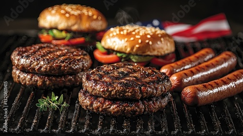 Delicious Grilled Burgers and Hot Dogs on BBQ Grill with Sesame Buns