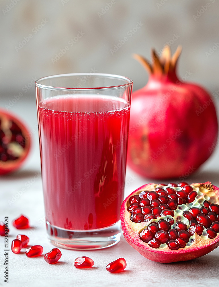 Healthy Pomegranate Juice in a Glass with Fresh Fruit on Table Healthy Pomegranate Juice in a Glass with Fresh Fruit on Table