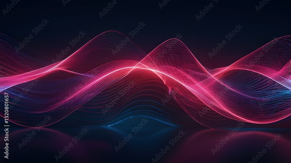 Naklejka premium Abstract Luminous Waves: Flowing Red and Blue Light Trails on a Dark Reflective Surface