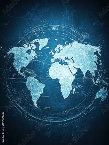 A digital map of the world displayed in a blue and white color scheme, highlighting continents and countries with a futuristic design.