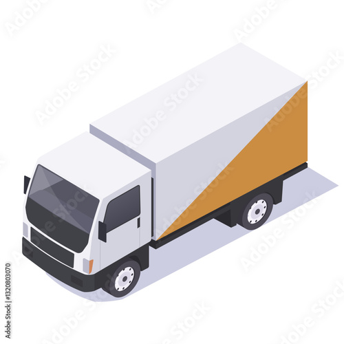 Isometric cargo truck with a white and orange design on a plain background. Concept of logistics, delivery, and transportation. Vector illustration