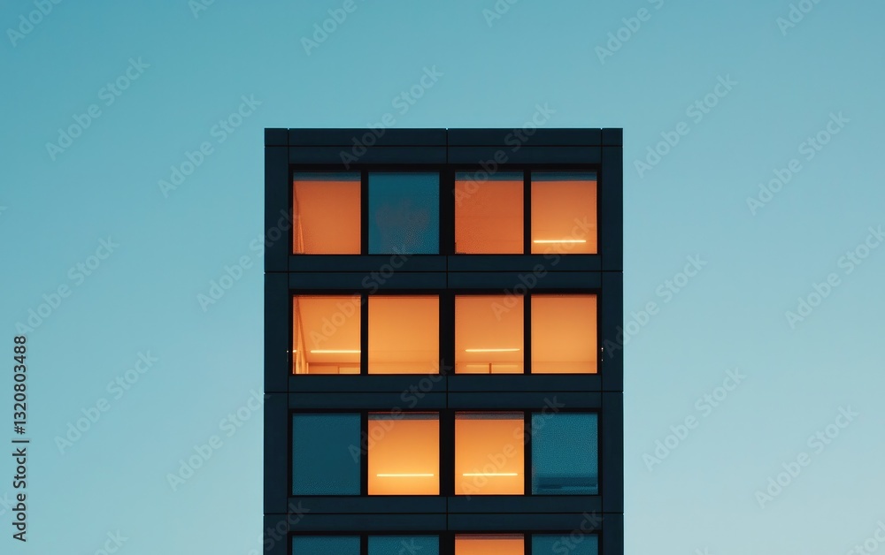 Modern Building at Dusk, Orange Lit Windows Against Blue Sky Modern Building at Dusk, Orange Lit Windows Against Blue Sky