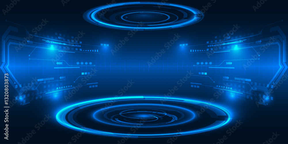 Fototapeta premium Vector illustrations of Futuristic digital technology stage with glowing blue pedestal podium stage layout for hi tech showcase.Digital tech concept.