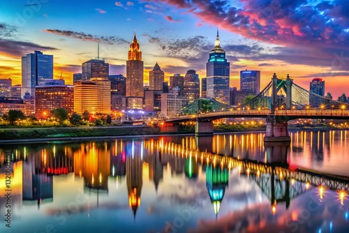 Cincinnati Downtown Skyline, Ohio River, Cityscape, Urban Architecture, Dusk Photography