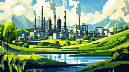 Industrial Refinery in Green Valley Landscape with River