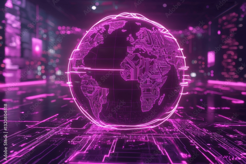 Fototapeta premium A neon pink digital globe hovering over a glowing circuit board city, representing global connectivity, technology, and futuristic concepts in a cyberpunk style.