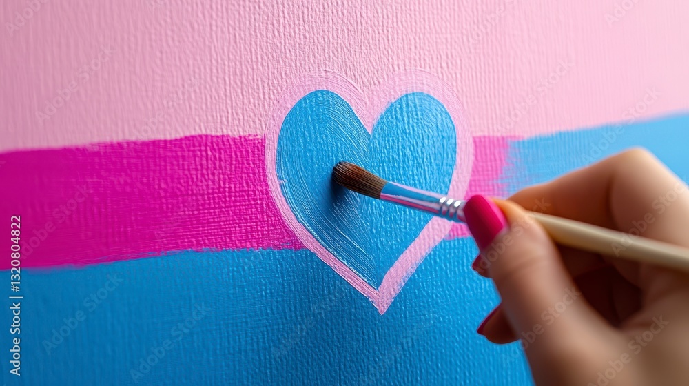 Hand Painting Blue Heart on Pink and Blue Striped Canvas Background Hand Painting Blue Heart on Pink and Blue Striped Canvas Background
