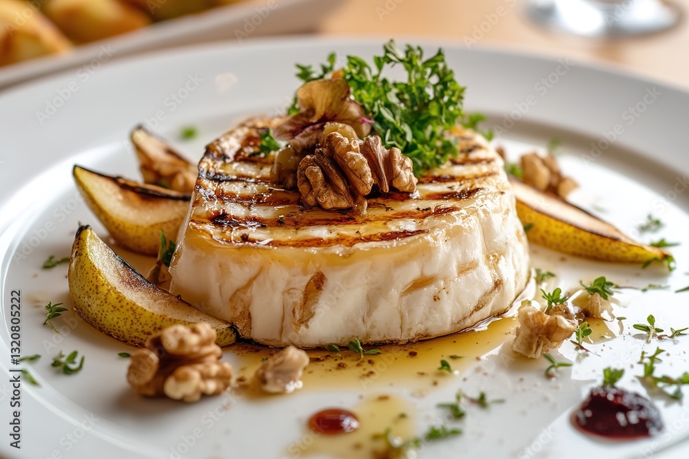 Delicious Grilled Camembert Cheese with Walnuts and Grilled Pear Served on White Plate
Delicious Grilled Camembert Cheese with Walnuts and Grilled Pear Served on White Plate