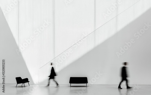 Blurred Figures Walking in a Minimalist White Interior