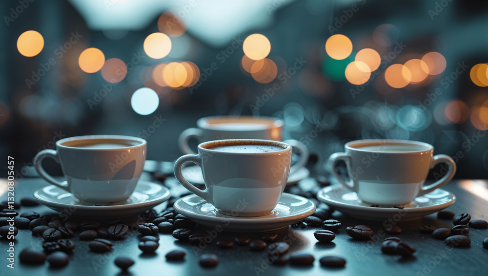 Steaming cups of coffee create warm atmosphere on table with coffee beans