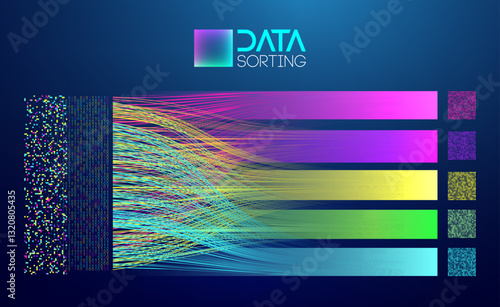 Abstract data sorting visualization with colorful digital streams, binary code, and gradient bars on dark background, representing big data processing, machine learning, and artificial intelligence.