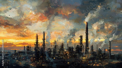 Industrial Refinery at Sunset with Smoke Stacks and Pollution