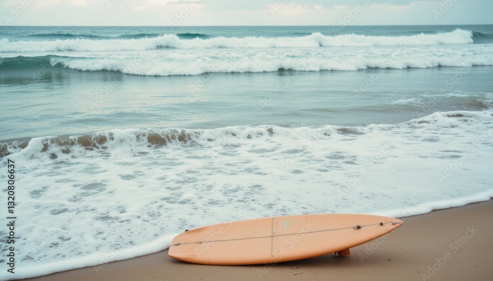 Surfboard on Sandy Beach with Gentle Waves and Cloudy Sky at Sunrise or Sunset Surfboard on Sandy Beach with Gentle Waves and Cloudy Sky at Sunrise or Sunset