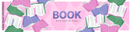 Horizontal banner for bookstore, festival,  market, bookshop or library. Vector illustration for poster, cover, marketing, sale.