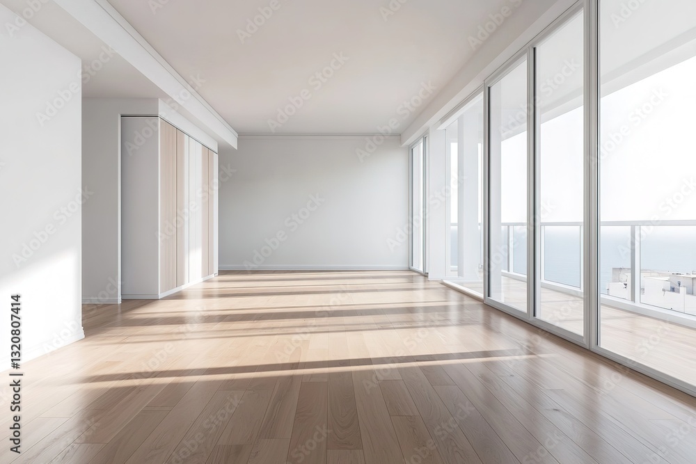 Spacious Empty White Room with Large Balcony Windows, Cupboard, and Parquet Floor
Spacious Empty White Room with Large Balcony Windows, Cupboard, and Parquet Floor