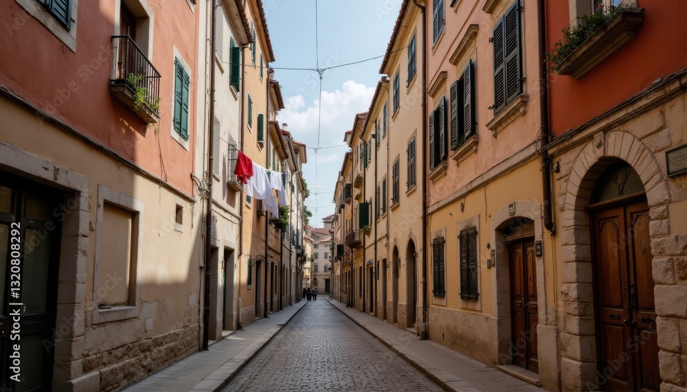 Charming Narrow Street with Historic Buildings and Laundry Hanging in the Heart of a Village Charming Narrow Street with Historic Buildings and Laundry Hanging in the Heart of a Village