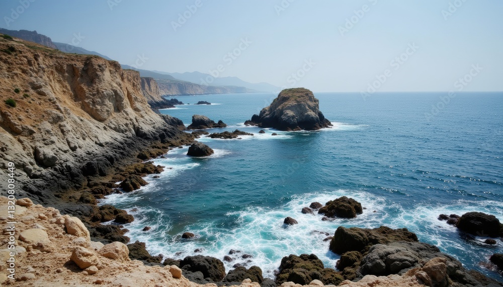 Serene Coastal Landscape with Rocky Shoreline and Calm Blue Waters Under a Clear Sky Serene Coastal Landscape with Rocky Shoreline and Calm Blue Waters Under a Clear Sky