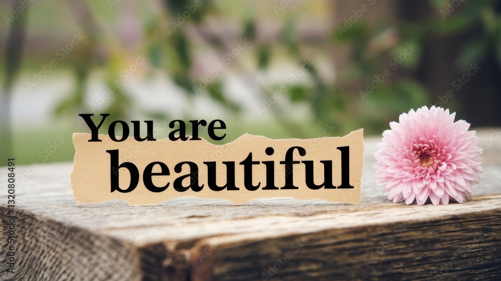 Naklejka premium Inspirational Message: You Are Beautiful with Pink Flower