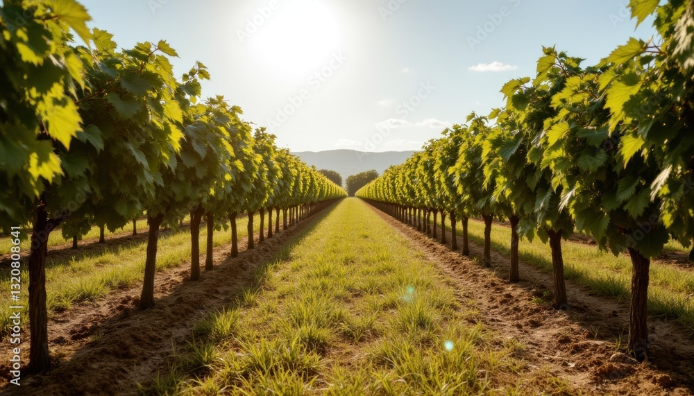 Fototapeta premium Lush Vineyard Rows Under Bright Sunlight with Blue Sky and Mountains in Background