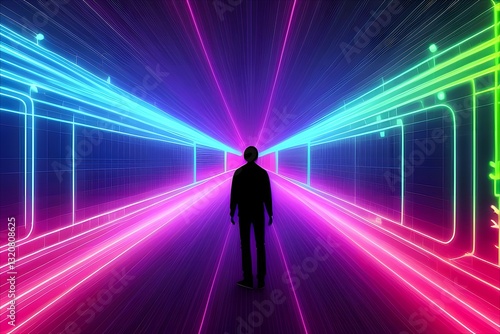 Fototapeta Naklejka Na Ścianę i Meble -  man walking in tunnel with neon lights