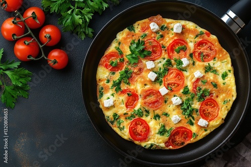 Tasty Omelet Featuring Tomatoes, Parsley, and Feta Cheese in a Pan from Above
