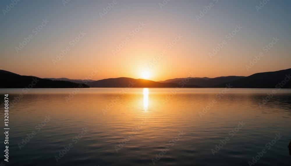 Tranquil Sunset Over Calm Lake Surrounded by Mountains and Reflections of Golden Light Tranquil Sunset Over Calm Lake Surrounded by Mountains and Reflections of Golden Light