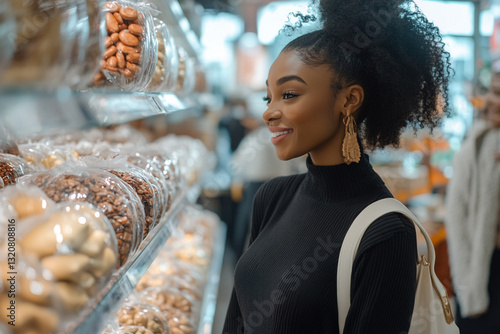 Woman looks at expensive goods in a store with delight photo