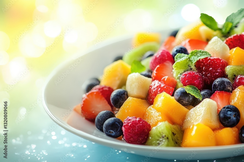 A delicious fresh fruit salad on a white ceramic plate A delicious fresh fruit salad on a white ceramic plate