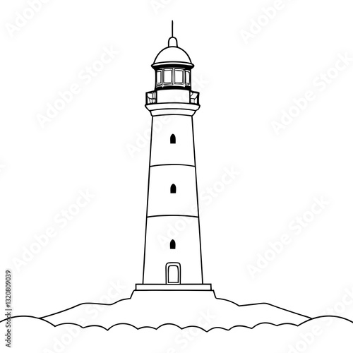 Minimalist lighthouse outline on coastal landscape.