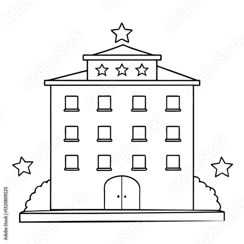 Five-star hotel illustration in black and white.