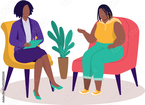 Plus Size Black Teenage Girl On Couch Talking To Her School Counsellor During A Counselling Session.