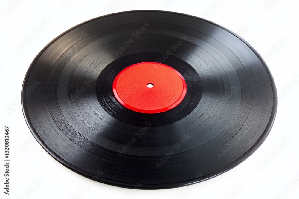Close-up Black Vinyl Record with Red Label, Isolated on White Background - High-Resolution Stock Photo Close-up Black Vinyl Record with Red Label, Isolated on White Background - High-Resolution Stock Photo