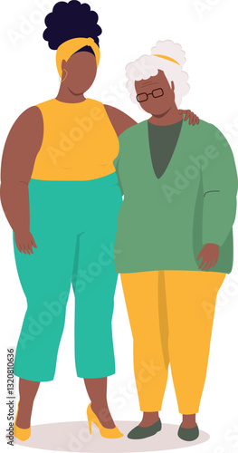 Plus Size Black Elderly Mother And Adult Daughter Standing Together With Arms Around.