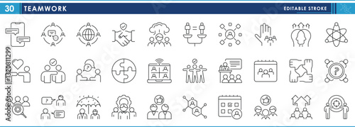 A set of line icons related to Teamwork. Team, strategy, community, workshop, job, people, target, and so on. Vector editable stroke.