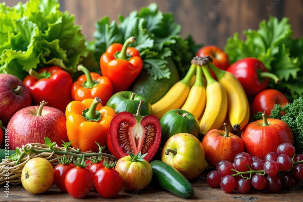 Vibrant Assortment of Fresh Fruits and Vegetables on Rustic Wooden Table with Greenery Background Vibrant Assortment of Fresh Fruits and Vegetables on Rustic Wooden Table with Greenery Background