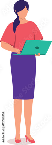 One Young Woman Employee In Businesswear Standing And Using A Laptop.